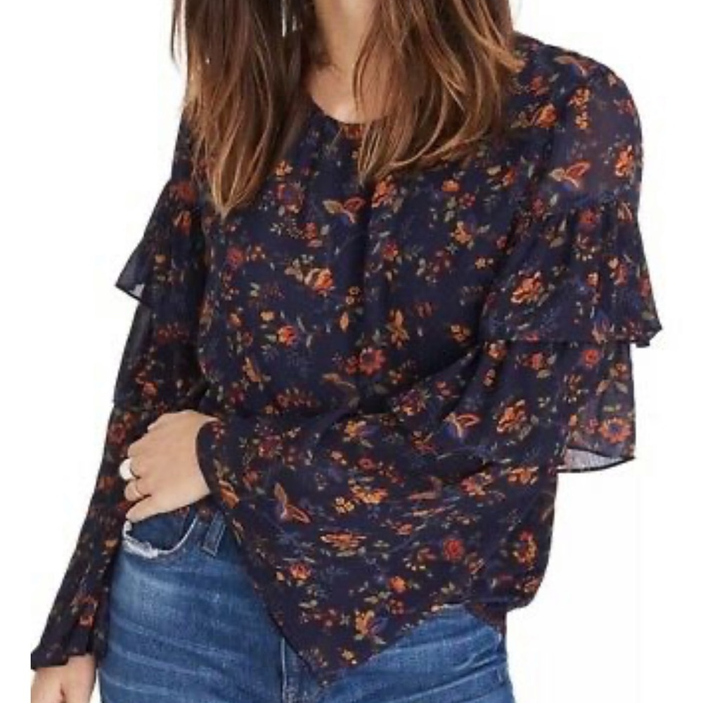 Madewell Ruffle-sleeve Navy Blue Climbing Vine Pattern Blouse Top Size Medium